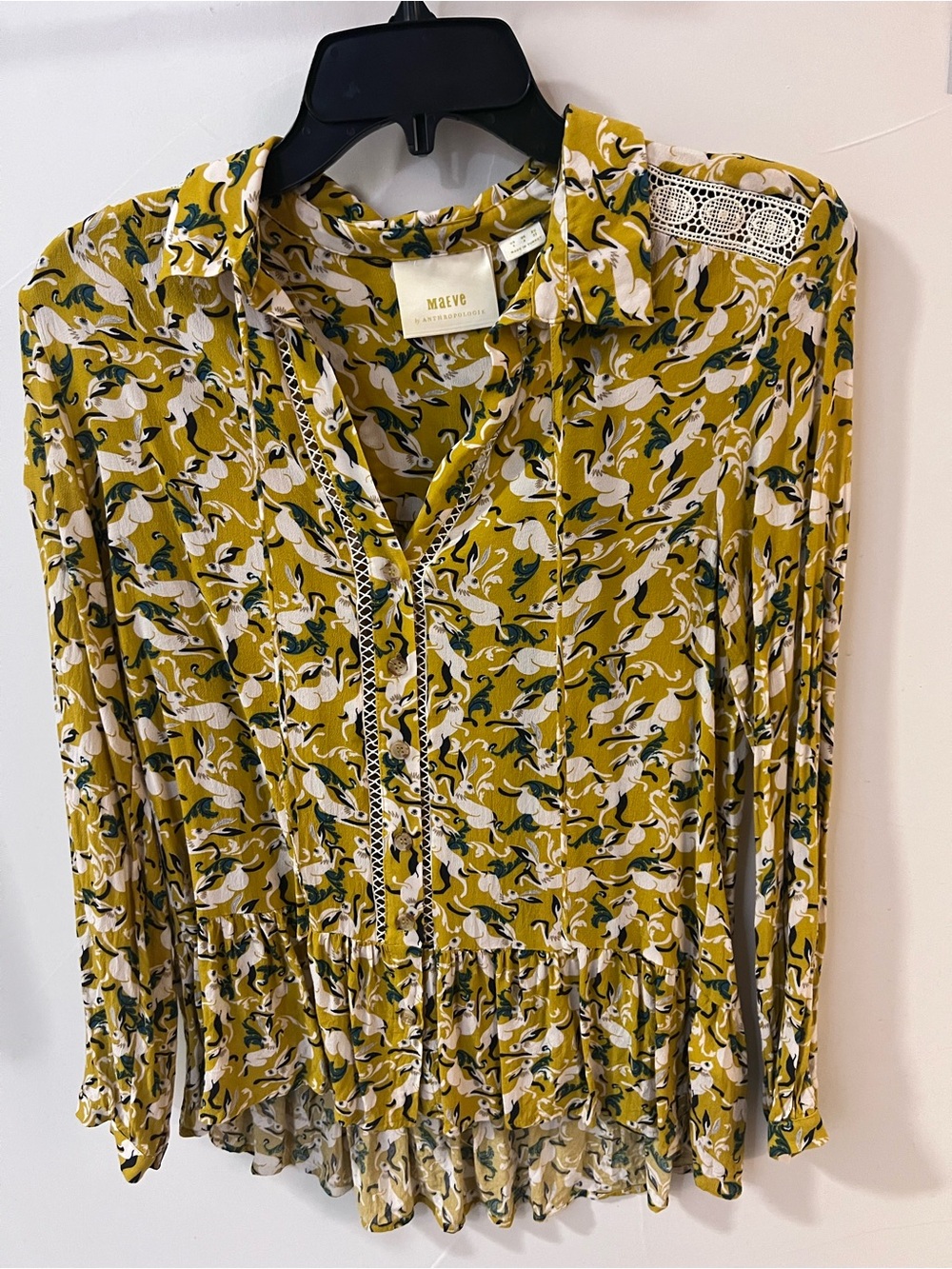 Maeve Mustard Rabbit Lace-Trim Peplum Blouse